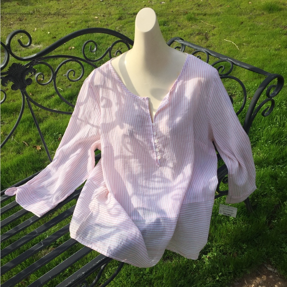 Liz Claiborne pin stripe cotton  tab front tunic style  pastel blouse - Picture 7 of 8